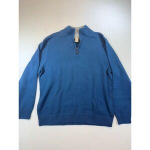 L.L. Bean Mens Sweater Quarter Zip Mock Neck Blue Cotton Knit Pullover XL
